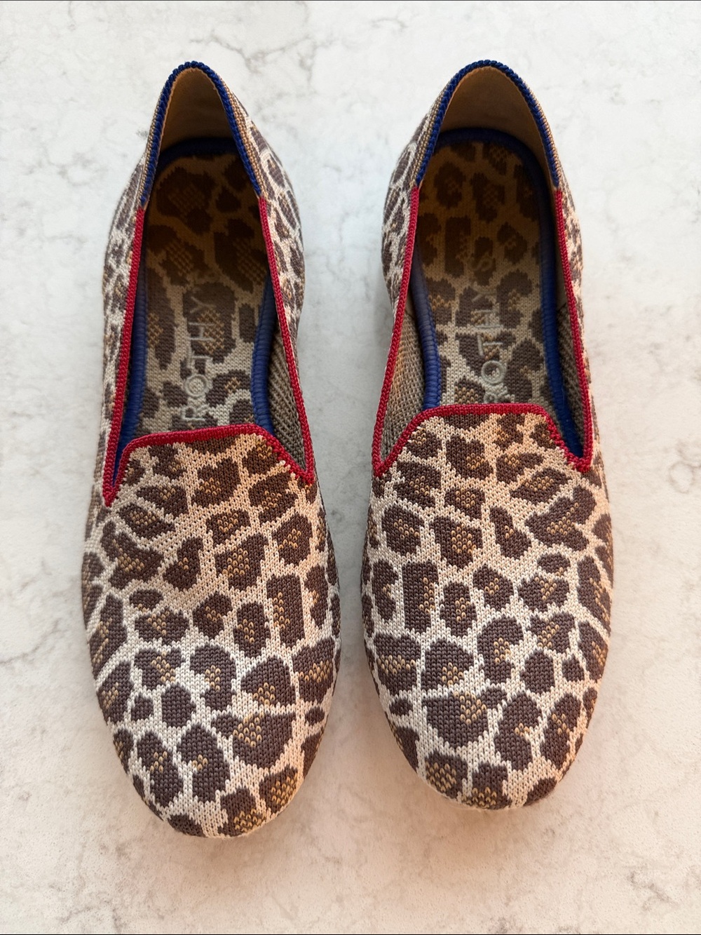 Rothy's Leopard Print Slip-On Flats - Brown, Beige with Red Trim